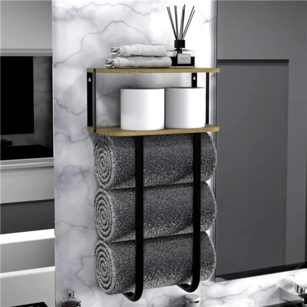 Towel Racks with 2-Tier Wood Shelf, Bathroom Shelves Wall Mounted